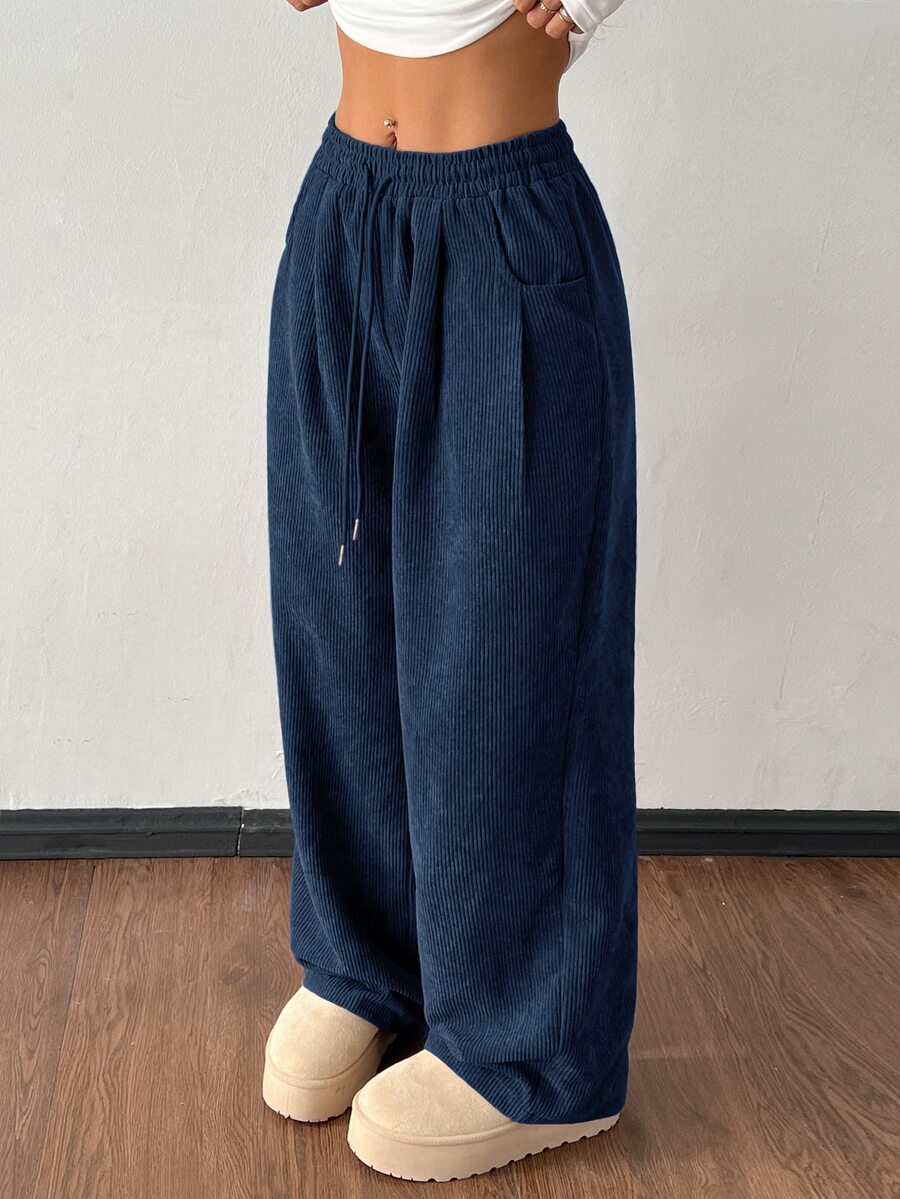 SHEIN PETITE Women's Autumn And Winter Street Fashion Casual Retro Corduroy Textured Pants - Navy Blue - View 1
