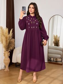 Lacomfia Embroidered Striped Random Pattern Dark Red Plus Size Dress, Elegant Fashionable Elegant Loose Long Length Long Sleeve Woven Non-Stretch - Burgundy - View 6