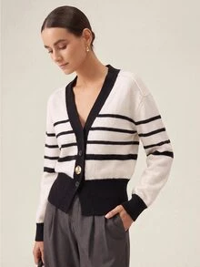 SHEIN Orluneo Black And White Color Block Metal Button V-Neck Knit Cardigan - Black and White - View 1
