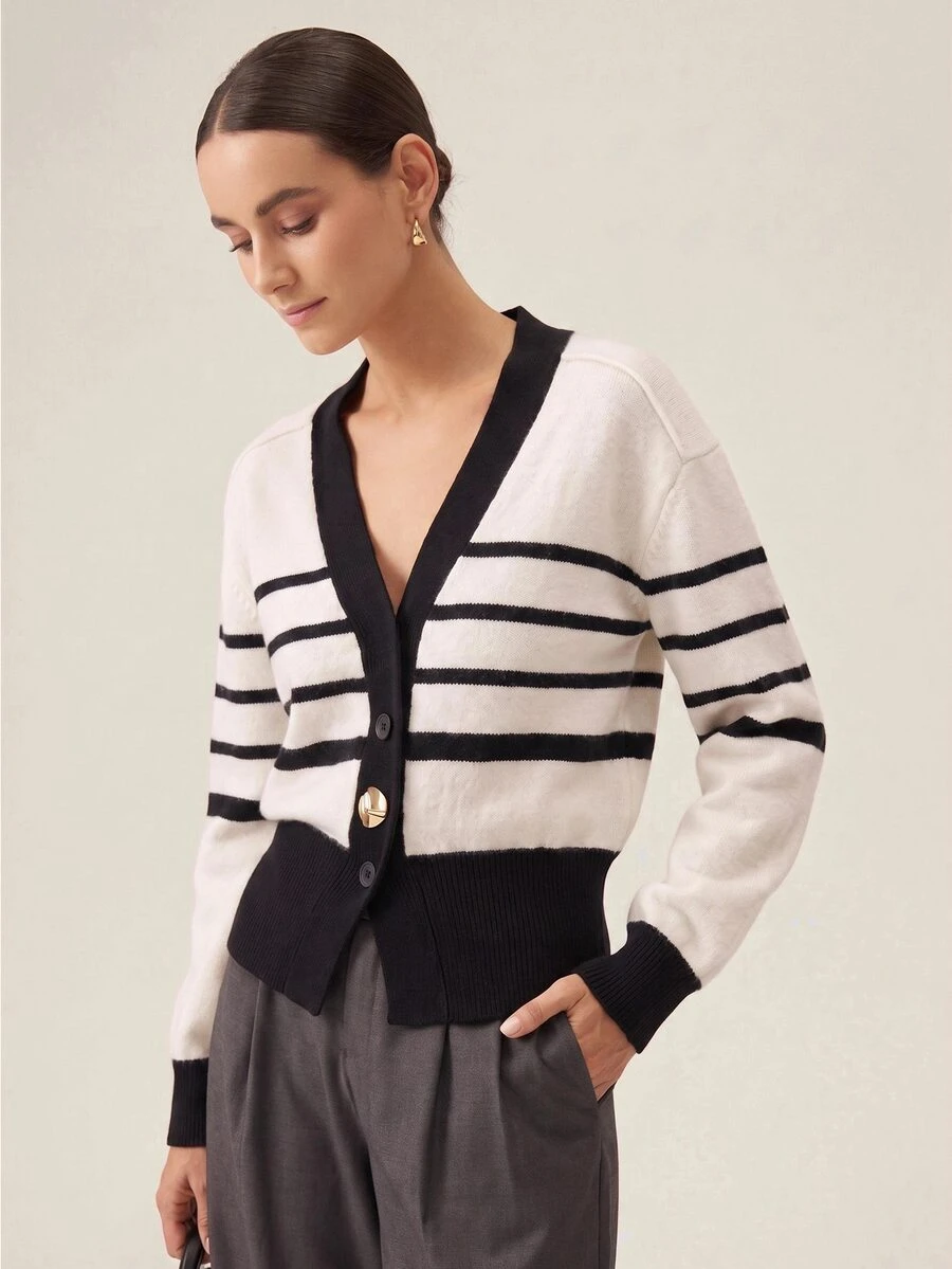 SHEIN Orluneo Black And White Color Block Metal Button V-Neck Knit Cardigan - Black and White - View 1