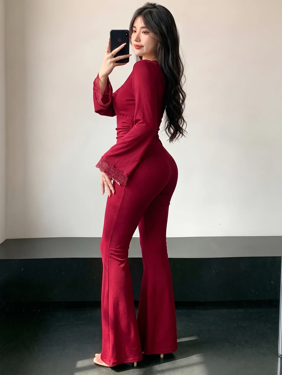 INAWLY Women's Vintage Lace Deep V-Neck Exquisite Fashion Jumpsuit Flare Pants - Burgundy - View 1