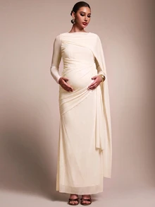 MaterniChic Maternity Elegant Dress With Metal Flower Decor, Ruched Waist And Flowing Ribbon Design - Apricot - View 5
