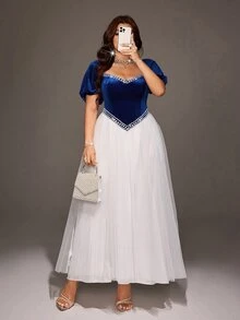 Viva Relle Vintage Elegant Runaway Princess Style Blue Velvet Rhinestone Waist-Cinching Full Skirt Tulle Evening Gown - Blue and White - View 5