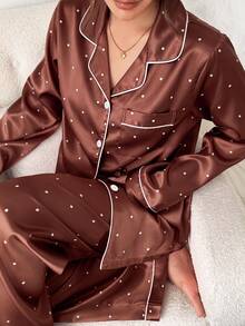 Napfluff Women's Minimalist Elegant Polka Dot Print Long Sleeve Pants Pajama Set - Brown - View 4