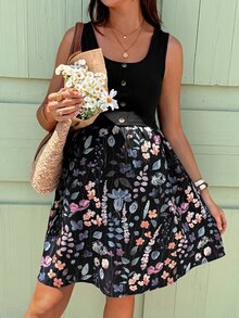 SHEIN 孕婦拼接花卉印花無袖休閒哺乳洋裝 - 黑色 - 查看 9