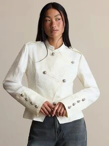 COSMINA Atasan Jacquard Kancing Gaya Napoleon Elegan Kasual Wanita - Aprikot - View 7