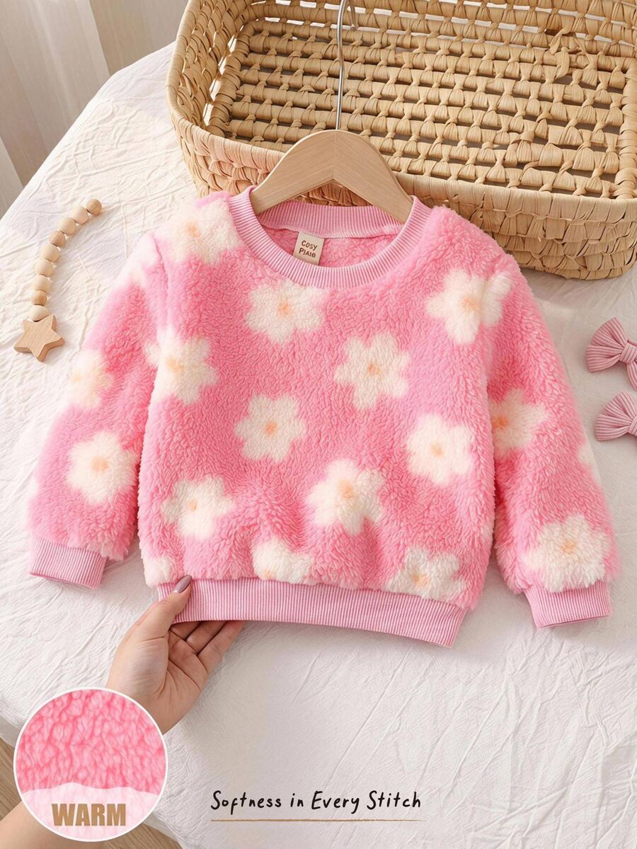 Cozy Pixies Baby Girl Daisy Pattern Crew Neck Long Sleeve Sweatshirt - Pink - View 1