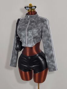 Amplova Autumn/Winter Fur Collar Patchwork PU Women's Jacket - Grey - View 15