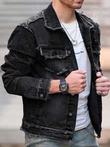 Manfinity LEGND Men's Black & Grey Youth Street Style Frayed Denim Jacket - Black - View 6