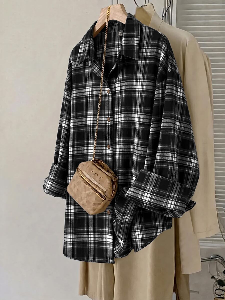 SHEIN LUNE 大尺碼女款格紋長袖單排扣休閒寬鬆襯衫 - 黑色 - 查看 1