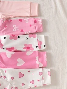 SHEIN Newborn Set Bow Baby Girl Top Spring Fall Knit Print Long Sleeve Lightweight Cuffed Butterfly Sweet Pants Outdoor Khaki Grey Sets Matching Sets - Pink - View 5