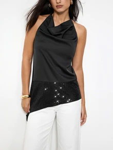 SHEIN x IZA Maija Women's Solid Color Patchwork Sequin Asymmetrical Hem Fashion Halter Tank Top - Black - View 1
