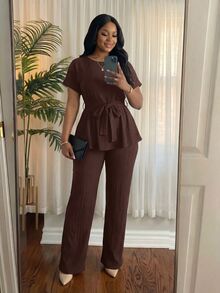 SHEIN Lady CURVE 大尺碼女款圓領短袖上衣與長褲休閒兩件套 - 棕色 - 查看 4