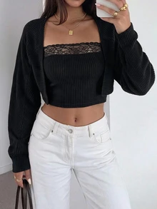 Selianne Women's Elegant Loose 2 Pieces Set, Contrast Lace Bandeau, Suitable For Streetwear And Daily Wear - Black - View 3