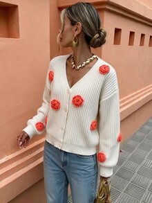 Flora Isola Flora Isola Cute 3D Rose Floral Knit Cardigan, Women V Neck Long Sleeve Button Down Loose Chunky Sweater - Apricot - View 3