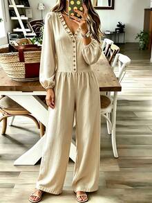 Breezaya Women's Ruched Waist Ruffle V-Neck Button Down Puff Sleeve Wide Leg Jumpsuit For Daily Vacation Wear Elegant Casual Vacation - Khaki - View 7