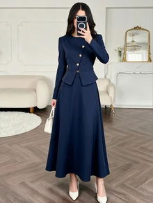 Modelyn Women Navy Two Pieces Dress Set Gold Button Asymmetric Peplum Cropped Top & High Waist A Line Flared Skirt Quiet Luxury Fall Office Wedding Guest - Blue - View 1