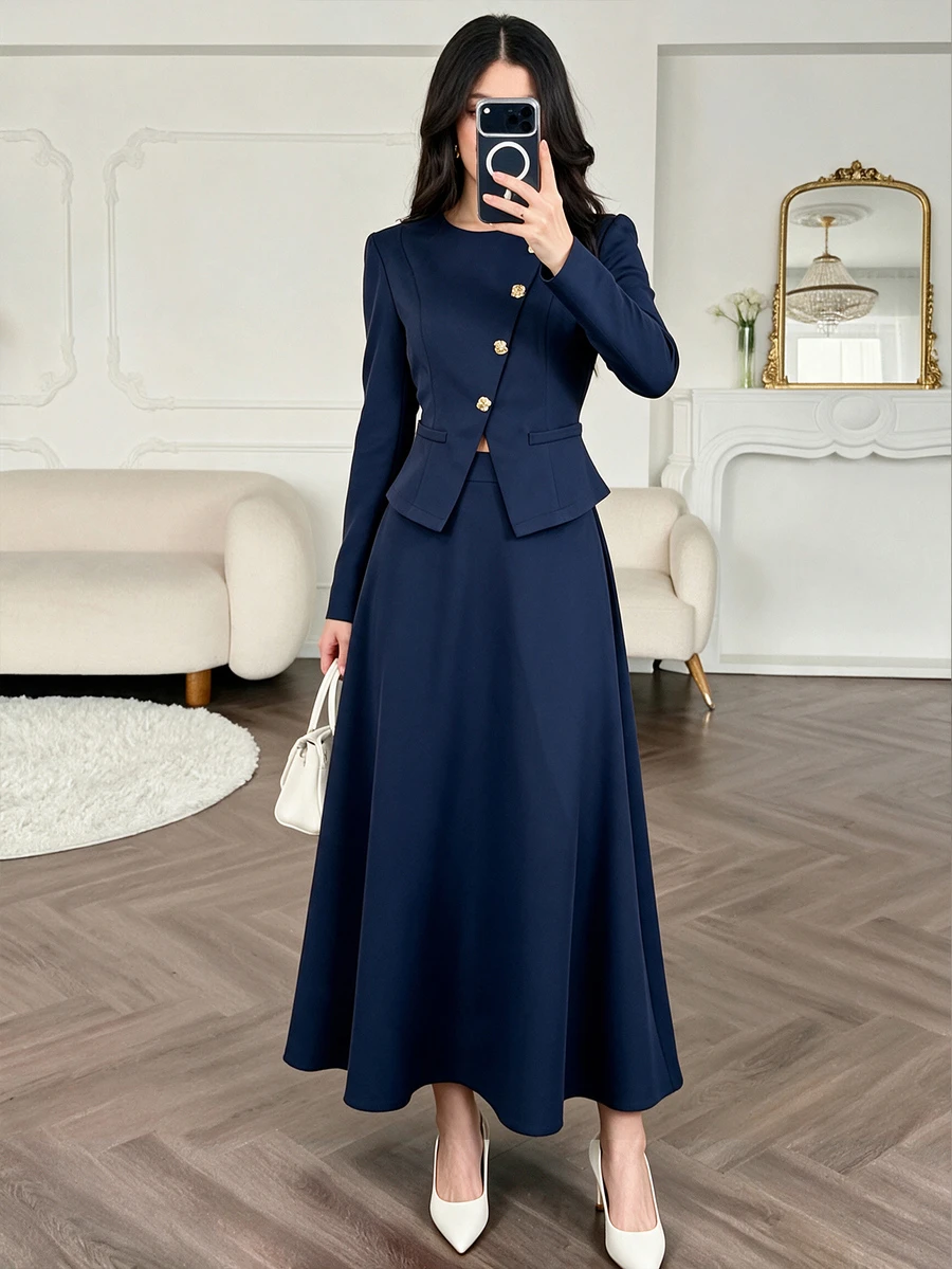 Modelyn Women Navy Two Pieces Dress Set Gold Button Asymmetric Peplum Cropped Top & High Waist A Line Flared Skirt Quiet Luxury Fall Office Wedding Guest - Blue - View 1