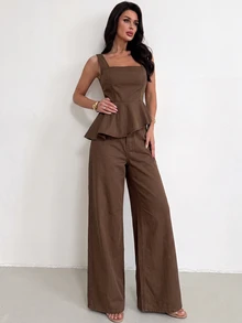 Firerie Bộ đồ denim nữ gồm áo sát nách cổ vuông gấu bèo nhún và quần dài - màu nâu - Xem 4