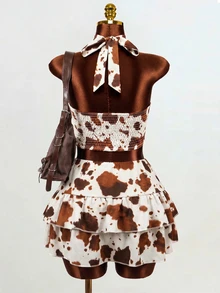 Mistrie American Retro Cow Print Double Layer Ruffle Mini Skirt Low Waist Sexy Style Leg-Lengthening High Waist A-Line Pleated Skirt - Multicolor - View 2