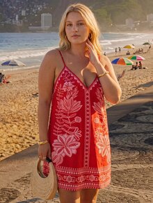 CAJUNI Plus Size Women's Floral Print Casual Spaghetti Strap Vacation Dress - Red - View 5