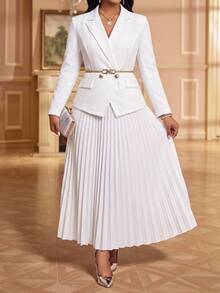 Fleurora Plus Size Women Solid Color Lapel Neck Long Sleeve Blazer And Pleated Skirt Elegant 2 Pieces Set - Multicolor - View 8
