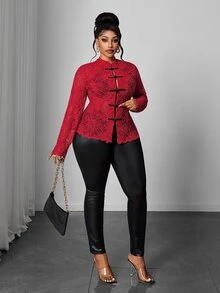 Maweii Plus Size Women's Elegant Vintage New Chinese Style Red Lace Sexy Long Sleeve Blouse - Red - View 6