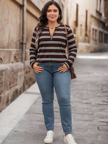 EMERY ROSE Vintage Striped Plus Size Half-Zip Crew Neck Loose Long Sleeve T-Shirt, Suitable For Spring/Autumn Teacher's Day Outfit - Multicolor - View 6