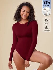 SHEIN BASICS 女款純色圓領長袖休閒連身衣T恤 - 酒紅色 - 查看 6