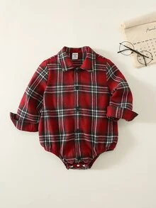 SHEIN Baby Boy Red Plaid Turn-Down Collar Long Sleeve Romper, Versatile And Comfortable For Autumn, Winter And Christmas - Red - View 8