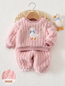 SHEIN Newborn Cute Cartoon Pattern Fluffy Sweatshirt And Elastic Waist Long Pants Set - Pink - View 12