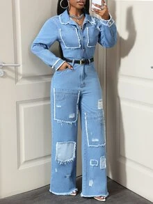 Slaydiva Women's Long Sleeve Single-Breasted Pocket Distressed Wide Leg Casual Denim Jumpsuit - Blue - View 6