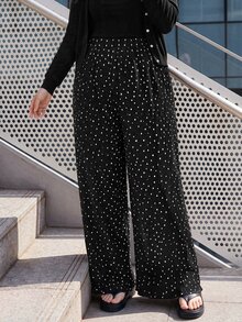 Bijouette Plus Size Women Polka Dot Print Elastic Waist Wide Leg Loose Long Pants - Black - View 5