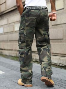 Manfinity EMRG Men's Camouflage Print Cargo Denim Wide Leg Pants - Army Green - View 2