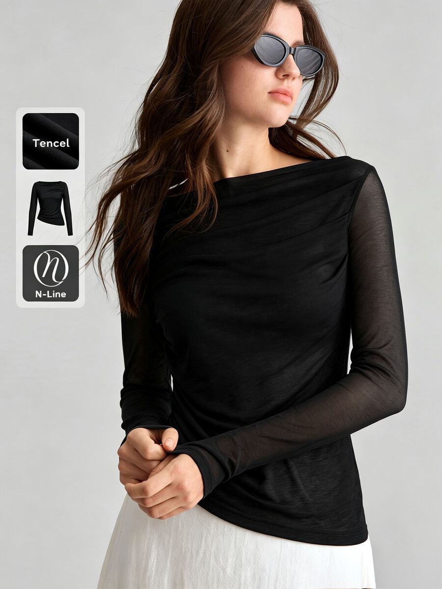 Ontre 2026 New Women's Long Sleeve T-Shirt, Slim Fit, Heather Gray, Knitted Fabric, Off-The-Shoulder/Off-Shoulder Convertible Design, Ruched Detail, Urban Modern Minimalist Elegant, Tea Party, Independence Day, Old Money Style, Teacher Outfit, Office Wear, Fashion Versatile Women's T-Shirt - Black - View 1