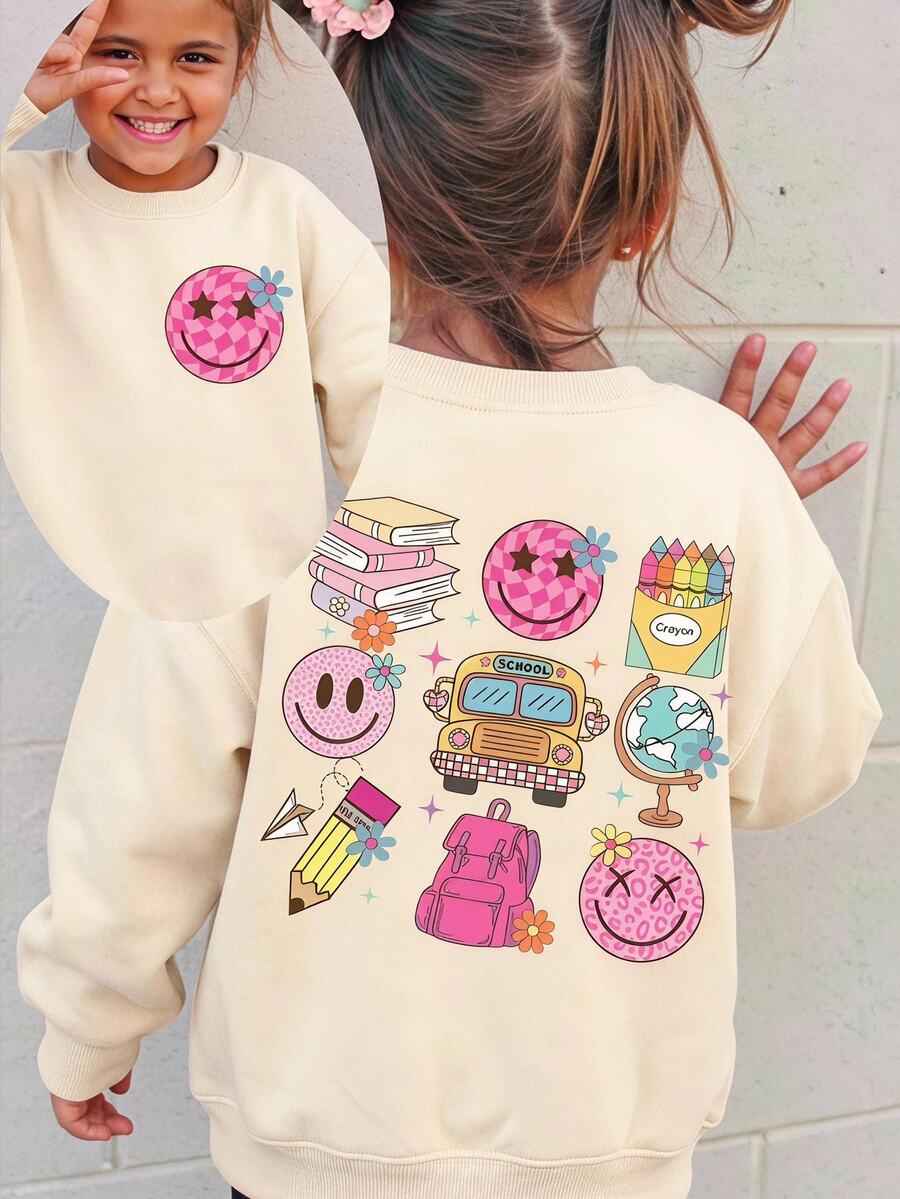 SHEIN Young Girl Casual Comfortable Versatile Cute Printed Pattern Crew Neck Sweatshirt - White - View 1