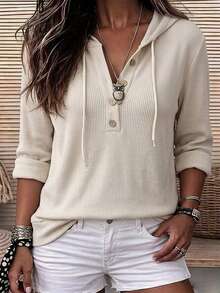 SHEIN LUNE Women's Solid Color Long Sleeve Button Half-Placket Casual Drawstring Hooded Sweatshirt - Apricot - View 3