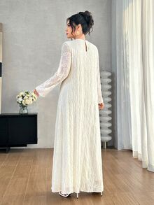Yasmyna Solid Color Soft Style 3D Jacquard Long Sleeve Robe, Round Neck Loose Fit Full Skirt - Beige - View 3