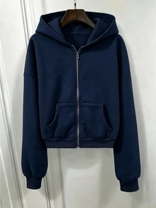 SHEIN 青少年女孩拉鍊式落肩長袖寬鬆休閒街頭風運動外套，保暖內裡基礎款秋冬返校 Y2K 瑜伽海軍藍 - 藏蓝色 - 查看 3