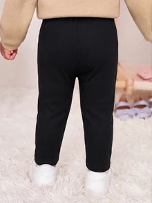 SHEIN 女嬰休閒舒適百搭彈性冰絲修身長褲 - 黑色 - 查看 2