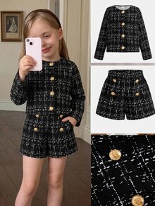Kids Young Girl Plaid Long Sleeve Jacket And Shorts Set - Black - View 5