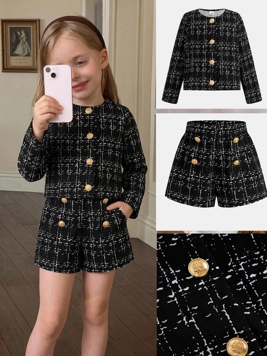 Kids Young Girl Plaid Long Sleeve Jacket And Shorts Set - Black - View 1