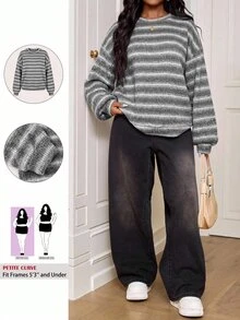 SHEIN PETITE CURVE 大尺碼圓領條紋秋季休閒傳統 Y2K 90年代機場辦公度假 T-shirt - 灰色 - 查看 1