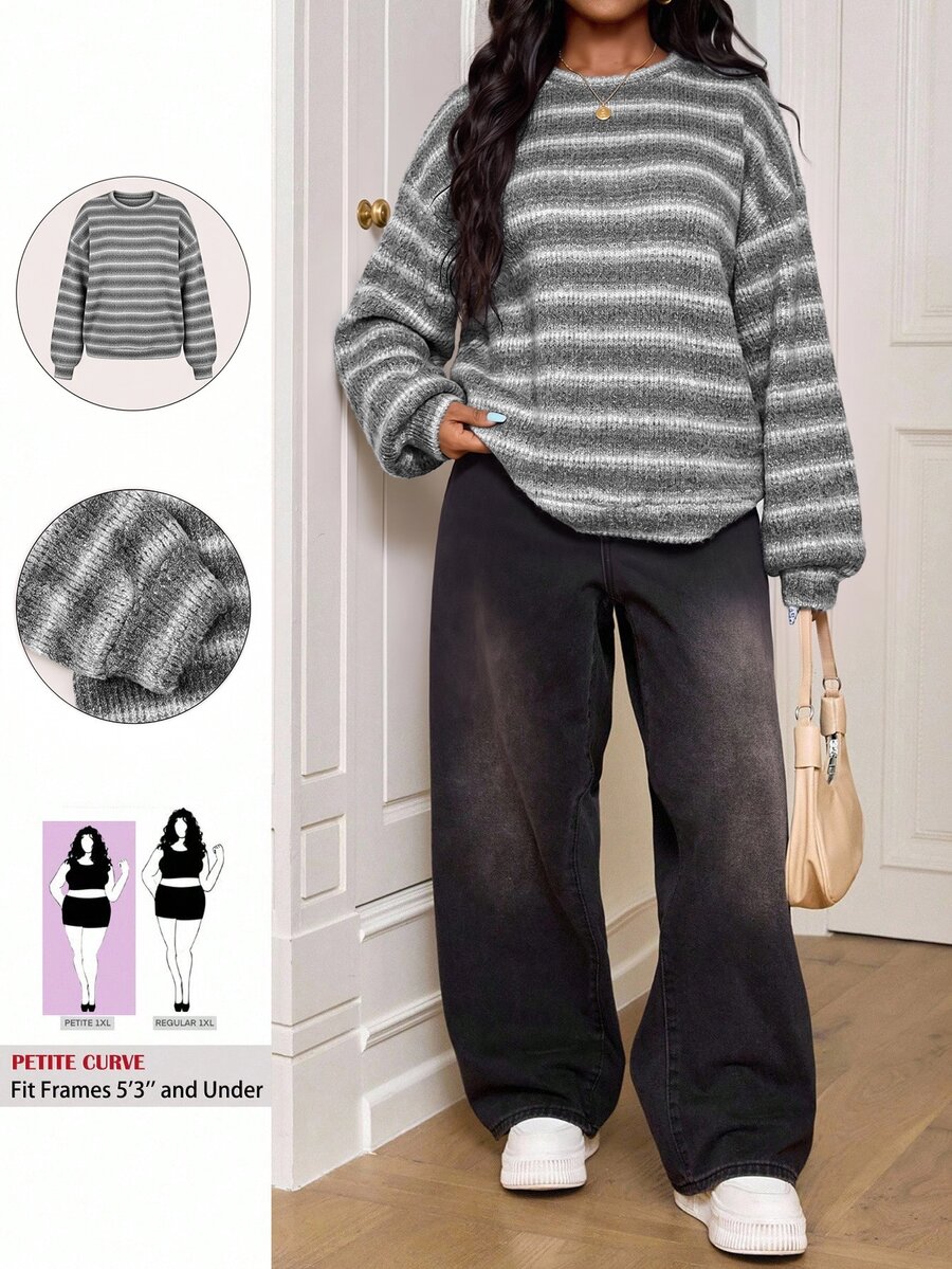 SHEIN PETITE CURVE 大尺碼圓領條紋秋季休閒傳統 Y2K 90年代機場辦公度假 T-shirt - 灰色 - 查看 1