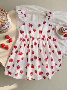 Strawberry Shortcake X SHEIN Young Girl Bow Decor Flutter Sleeve Dress - White - View 2
