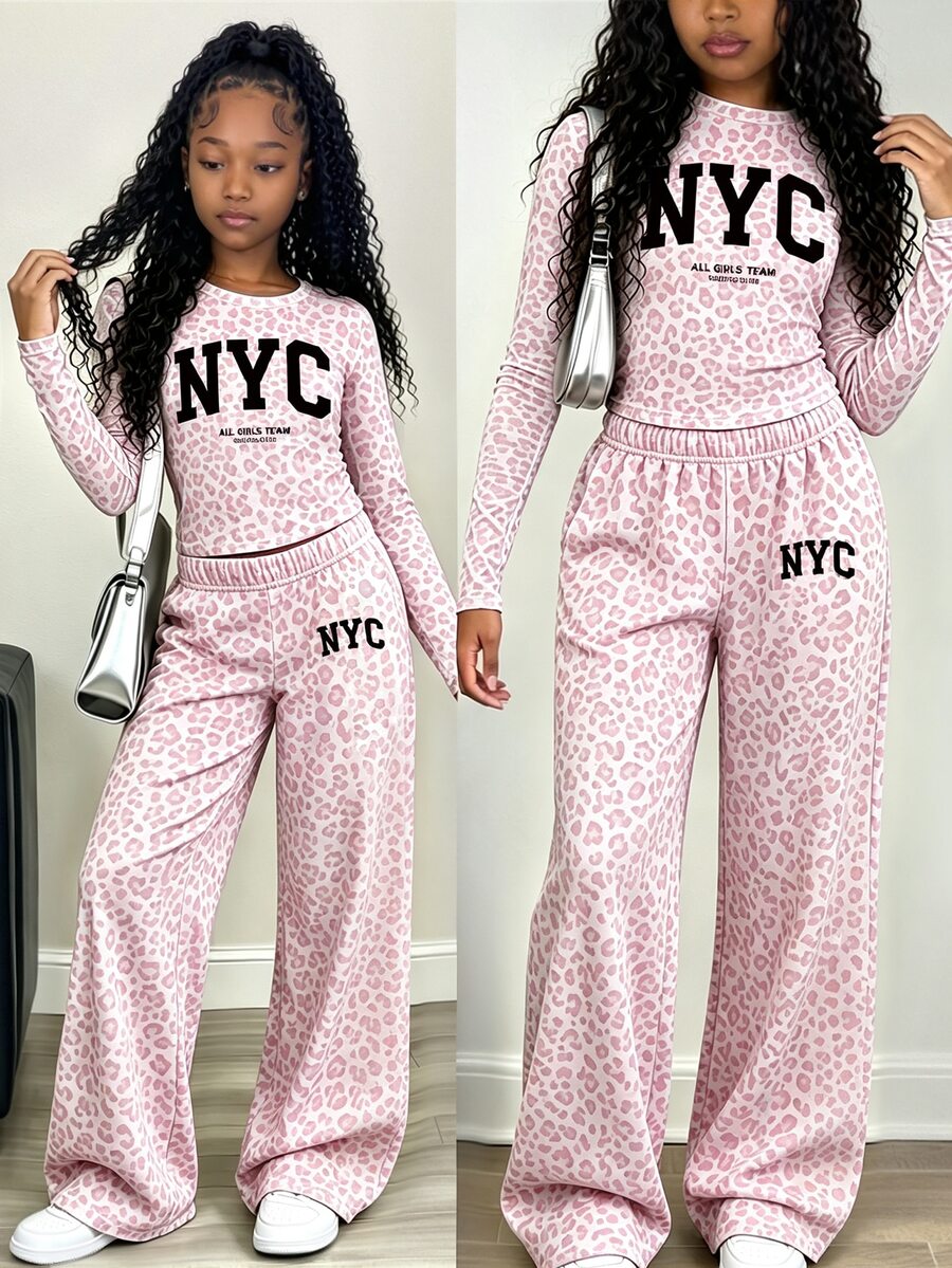 (1套)Tween女孩秋季休閒時尚極簡風 NYC 粉色豹紋抓皺腰長袖T恤與寬腿長褲 - 彩色 - 查看 1