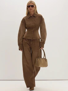 MUSEYN Brown Washed Denim Cinched Jacket Timeless Date Night Tailored Casual Everyday New Season Fall - Brown - View 2