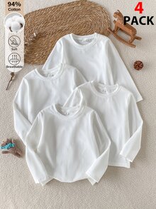 SHEIN 4件組男童休閒純白色棉混紡圓領長袖T恤，適合學校、內搭、外出等多用途，秋冬款 - 白色 - 查看 1