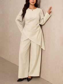Elaquor Plus Size Women Solid Color Pleated Asymmetric Hem Blouse And Wide Leg Pants Casual 2 Pieces Set - Apricot - View 6