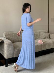 Modelyn Women's Faux Pearl Decorated Short Sleeve Knit Cardigan And Knit Skirt 2 Pieces Set - Baby Blue - View 2